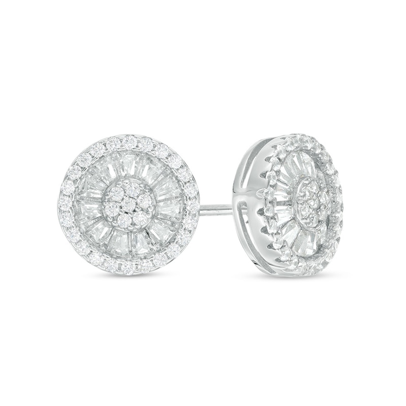 Baguette and Round Cubic Zirconia Frame Stud Earrings in Sterling Silver