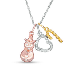 0.04 CT. T.W. Diamond Snowman, Heart and Candy Cane Charms Pendant in Sterling Silver and 14K Two-Tone Gold Plate