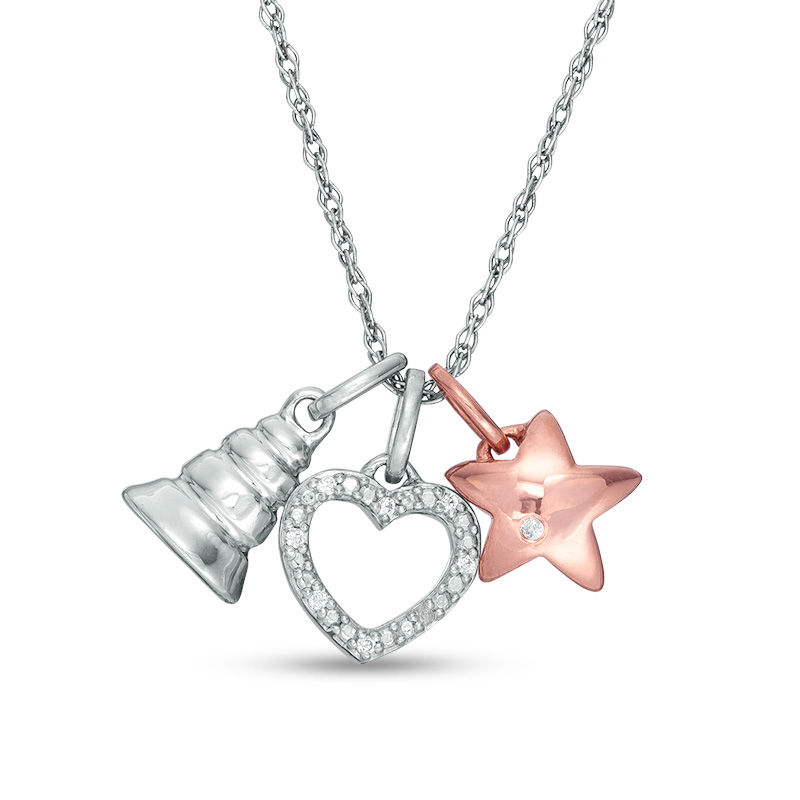 Diamond Accent Bell, Heart Outline and Star Charms Pendant in Sterling Silver and 14K Rose Gold Plate