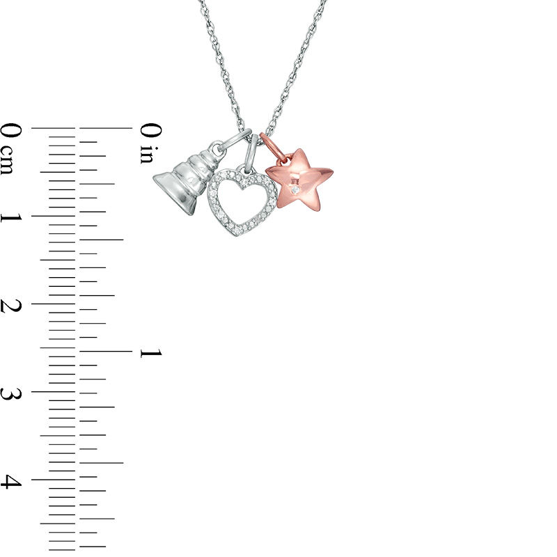 Diamond Accent Bell, Heart Outline and Star Charms Pendant in Sterling Silver and 14K Rose Gold Plate