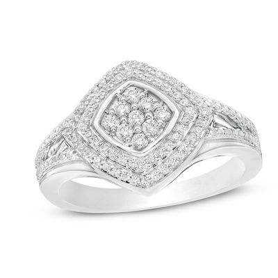 0.29 CT. T.W. Composite Diamond Tilted Double Cushion Frame Ring in Sterling Silver