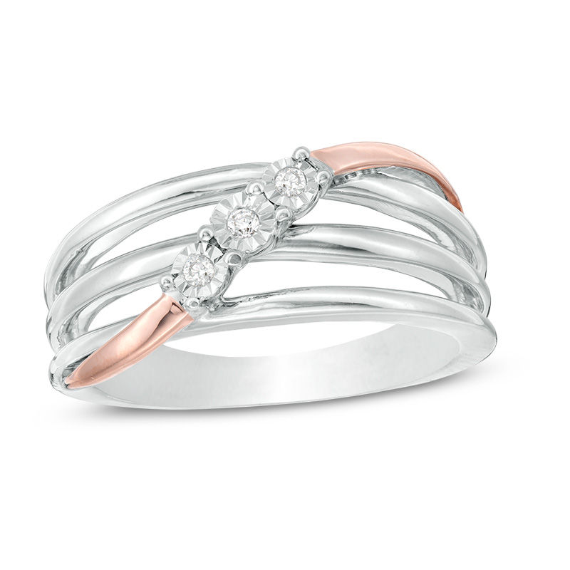 Diamond Accent Three Stone Wave Crossover Open Multi-Row Ring in Sterling Silver and 10K Rose Gold|Peoples Jewellers