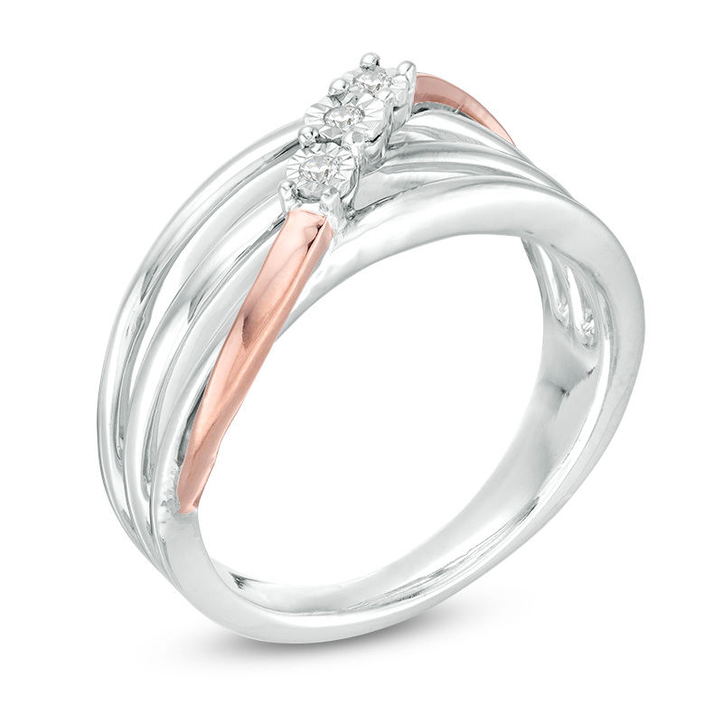 Diamond Accent Three Stone Wave Crossover Open Multi-Row Ring in Sterling Silver and 10K Rose Gold|Peoples Jewellers
