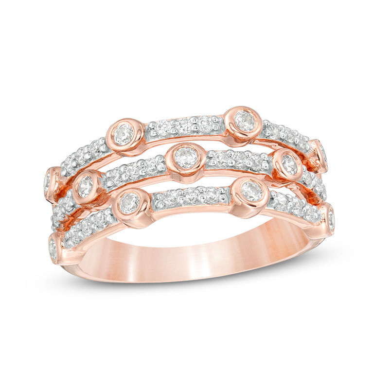 0.45 CT. T.W. Diamond Bezel-Set Station Multi-Row Stacked Ring in 10K Rose Gold|Peoples Jewellers