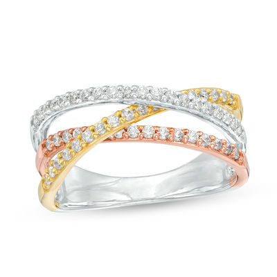 0.37 CT. T.W. Diamond Triple Row Criss-Cross Ring in 10K Tri-Tone Gold