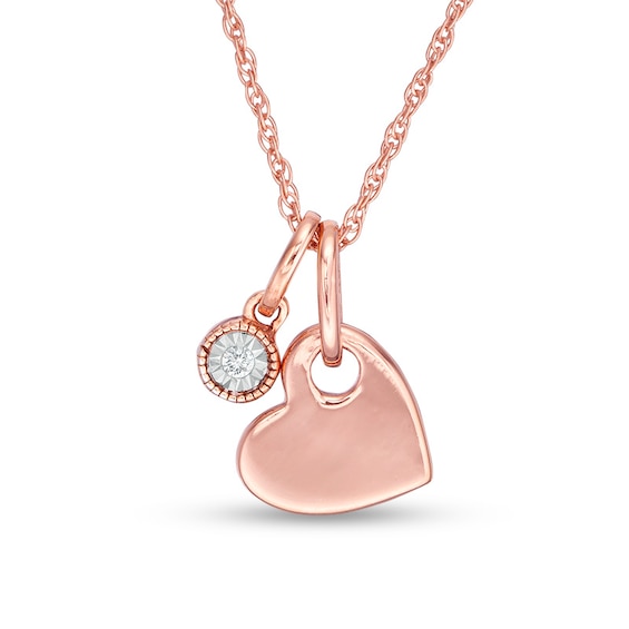 Diamond Accent Solitaire and Heart Charm Pendant in Sterling Silver with 14K Rose Gold Plate