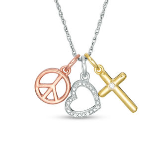 Diamond Accent Heart, Cross and Peace Sign Charm Pendant in Sterling Silver and 14K Two-Tone Gold Plate