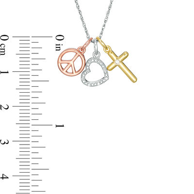 Diamond Accent Heart, Cross and Peace Sign Charm Pendant in Sterling Silver and 14K Two-Tone Gold Plate