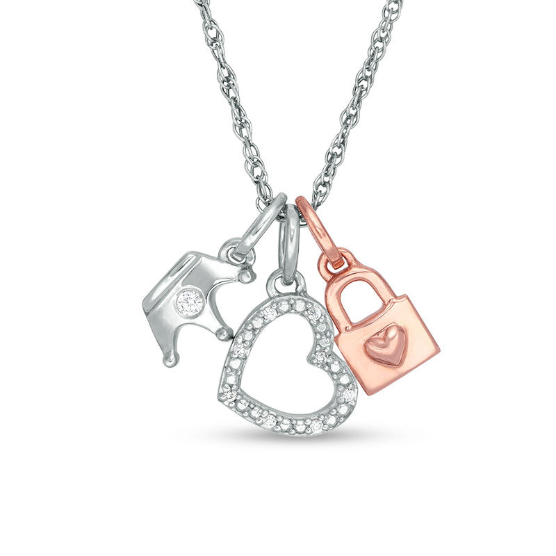 Diamond Accent Princess Themed Charm Pendant in Sterling Silver and 14K Rose Gold Plate|Peoples Jewellers