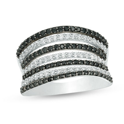 0.95 CT. T.W. Enhanced Black and White Diamond Convex Split Multi-Row Ring in Sterling Silver