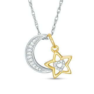 0.04 CT. T.W. Diamond Crescent Moon and Star Pendant in Sterling Silver and 14K Gold Plate