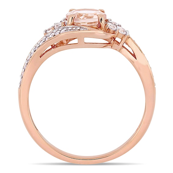 6.0mm Morganite, White Topaz and 0.10 CT. T.W. Diamond Tri-Sides Bypass Ring in 10K Rose Gold