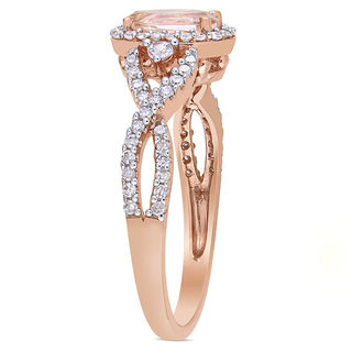 Oval Morganite, White Sapphire and 0.30 CT. T.W. Diamond Frame Side Accent Twist Shank Ring in 10K Rose Gold