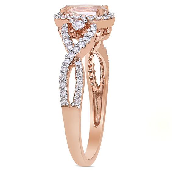 Oval Morganite, White Sapphire and 0.30 CT. T.W. Diamond Frame Side Accent Twist Shank Ring in 10K Rose Gold