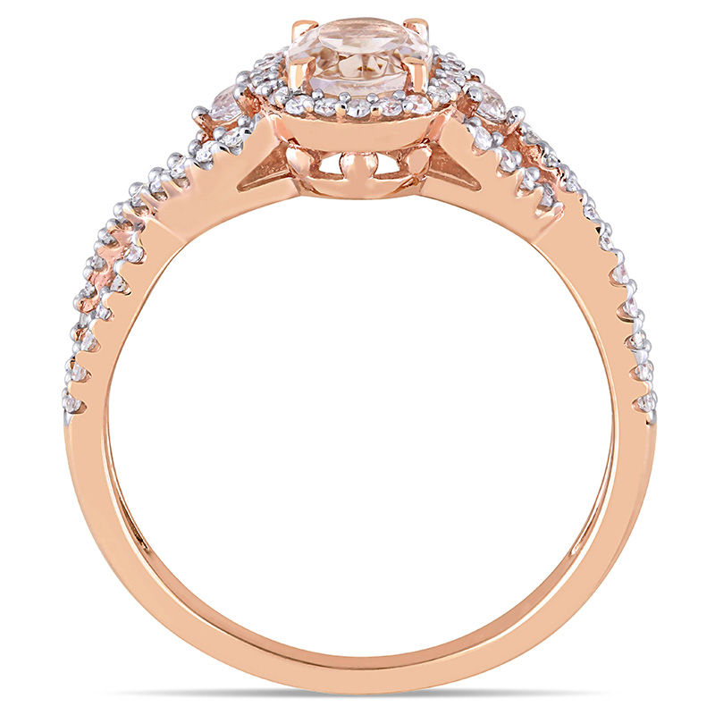 Oval Morganite, White Sapphire and 0.30 CT. T.W. Diamond Frame Side Accent Twist Shank Ring in 10K Rose Gold|Peoples Jewellers