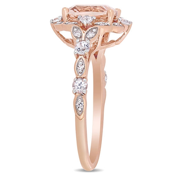 8.0mm Cushion-Cut Morganite, White Sapphire and 0.06 CT. T.W. Diamond Ornate Frame Ring in 14K Rose Gold