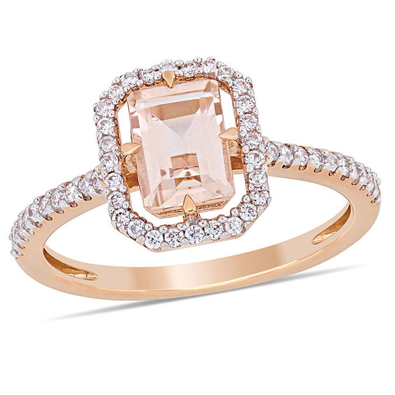 Emerald-Cut Morganite and 0.24 CT. T.W. Diamond Open Octagonal Frame Ring in 14K Rose Gold