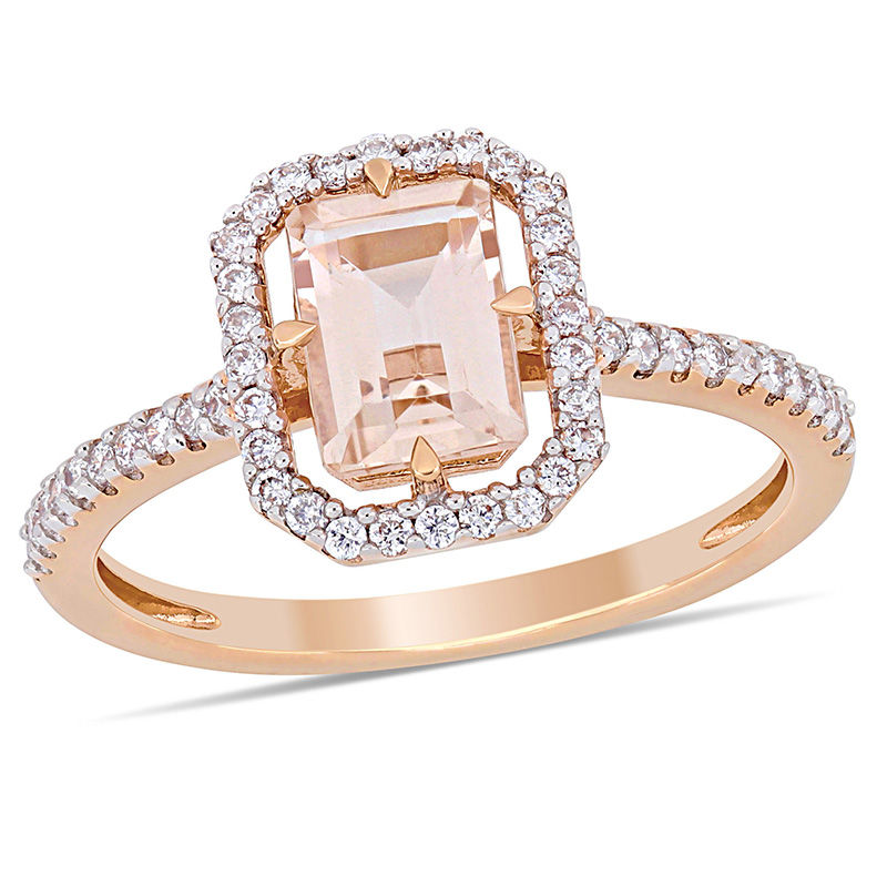 Emerald-Cut Morganite and 0.24 CT. T.W. Diamond Open Octagonal Frame Ring in 14K Rose Gold|Peoples Jewellers