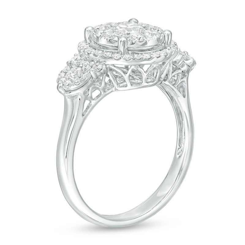 1.09 CT. T.W. Composite Diamond Frame Three Stone Engagement Ring in 14K White Gold