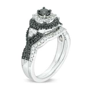 0.69 CT. T.W. Enhanced Black and White Diamond Double Frame Twist Shank Bridal Set in 10K White Gold