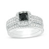 0.95 CT. T.W. Enhanced Black and White Diamond Cushion Frame Bridal Set in 10K White Gold