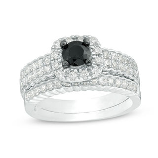 0.95 CT. T.W. Enhanced Black and White Diamond Cushion Frame Bridal Set in 10K White Gold