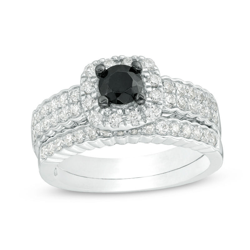 0.95 CT. T.W. Enhanced Black and White Diamond Cushion Frame Bridal Set in 10K White Gold|Peoples Jewellers