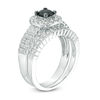 0.95 CT. T.W. Enhanced Black and White Diamond Cushion Frame Bridal Set in 10K White Gold