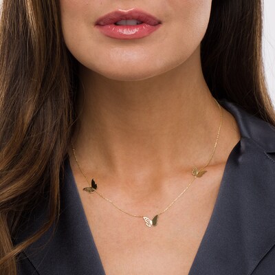 Triple Butterfly Station Necklace in 14K Gold