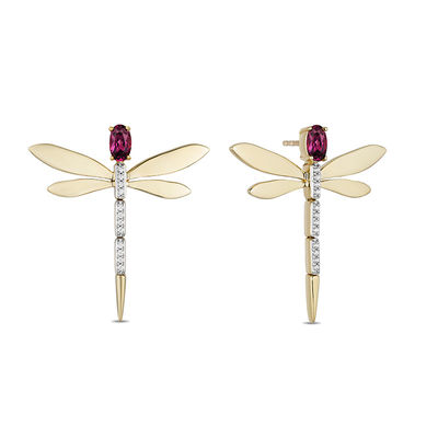 Enchanted Disney Mulan Oval Garnet and 0.04 CT. T.W. Diamond Dragonfly Drop Earrings in 10K Gold