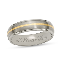 Men's 6.0mm Engravable Brushed Stepped Edge Wedding Band in Titanium with 14K Gold Inlay (1 Line)