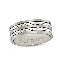 Men's 8.0mm Engravable Brushed Wedding Band in Titanium with Sterling Silver Double Twisted Inlay (1 Line)