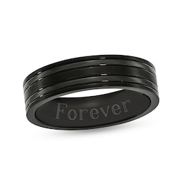 Men's 6.0mm Engravable Multi-Finish Double Groove Comfort-Fit Wedding Band in Titanium with Black IP (1 Line)