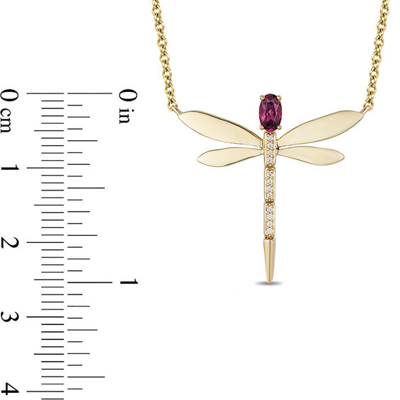 Enchanted Disney Mulan Oval Rhodolite Garnet and Diamond Accent Dragonfly Necklace in 10K Gold