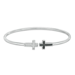 0.086 CT. T.W. Enhanced Black and White Diamond Sideways Cross Open Flex Bangle in Sterling Silver