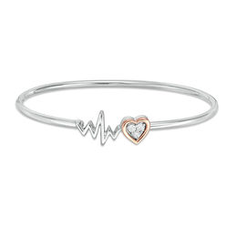 Diamond Accent Heart and Heartbeat Convertible Flex Bangle in Sterling Silver and 10K Rose Gold