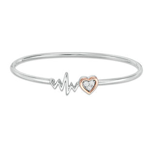 Diamond Accent Heart and Heartbeat Convertible Flex Bangle in Sterling Silver and 10K Rose Gold