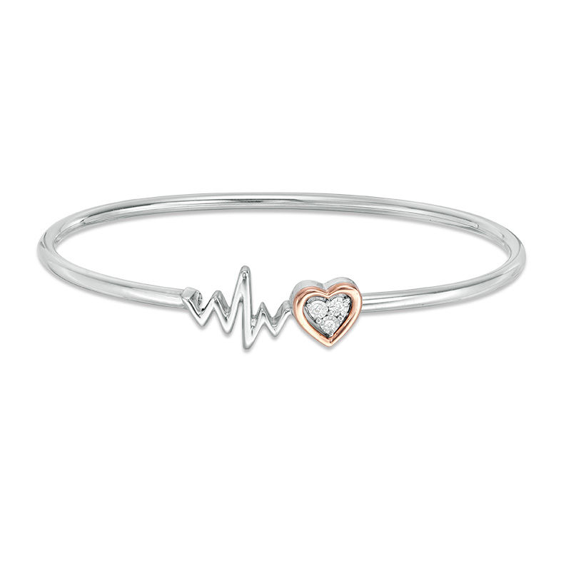 Diamond Accent Heart and Heartbeat Convertible Flex Bangle in Sterling Silver and 10K Rose Gold|Peoples Jewellers