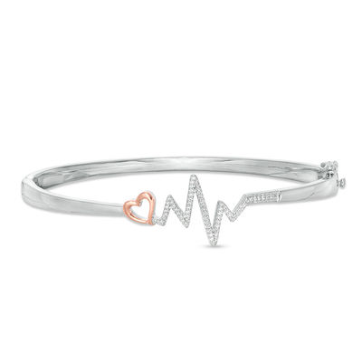 0.18 CT. T.W. Diamond Heart and Heartbeat Bangle in Sterling Silver and 10K Rose Gold