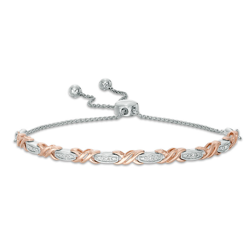 0.068 CT. T.W. Diamond Layered "XO" Bolo Bracelet in Sterling Silver and 10K Rose Gold - 9.5"