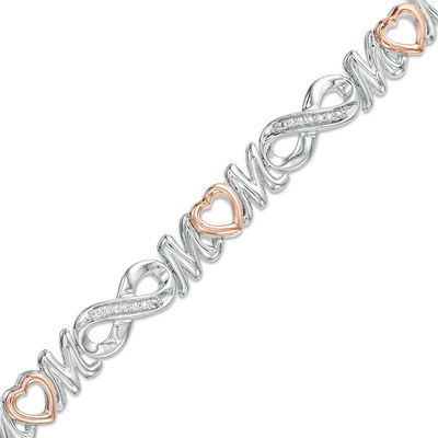 0.086 CT. T.W. Diamond "MOM" Heart and Infinity Alternating Bracelet in Sterling Silver and 10K Rose Gold - 7.25"