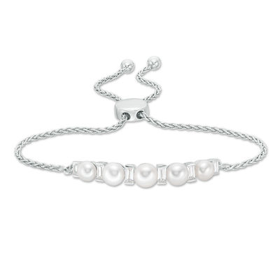 Button Freshwater Cultured Pearl and Baguette Lab-Created White Sapphire Bolo Bracelet in Sterling Silver-9.5"