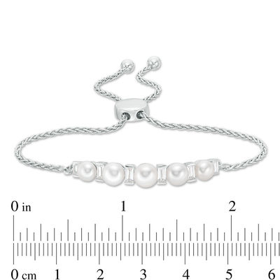 Button Freshwater Cultured Pearl and Baguette Lab-Created White Sapphire Bolo Bracelet in Sterling Silver-9.5"