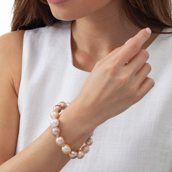 11.0 - 14.0mm Pink Cultured Freshwater Pearl Strand Bracelet with Sterling Silver Clasp