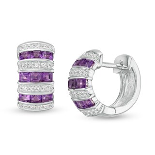 Princess-Cut Amethyst and Lab-Created White Sapphire Huggie Hoop Earrings in Sterling Silver