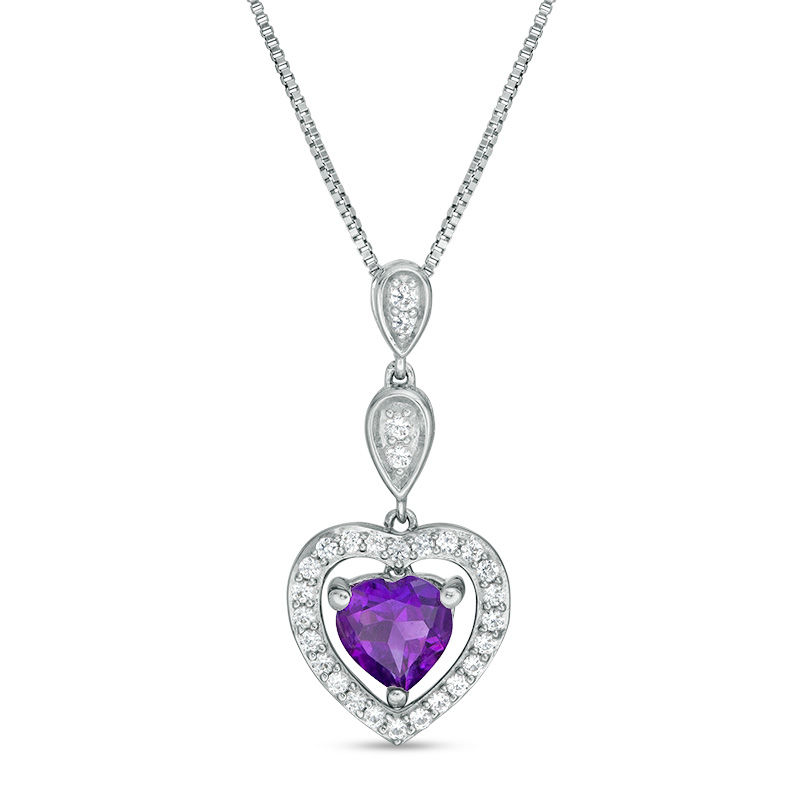 7.0mm Heart-Shaped Amethyst and Lab-Created White Sapphire Frame Triple Drop Pendant in Sterling Silver|Peoples Jewellers