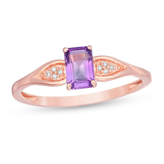 Emerald-Cut Amethyst and Diamond Accent Flare Shank Ring in 10K Rose Gold