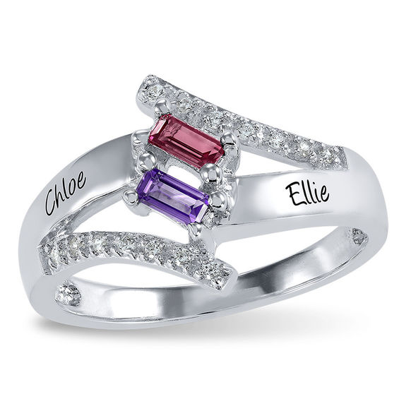 Couple's Baguette Birthstone and Cubic Zirconia Bypass Split Shank Ring by  ArtCarved (2 Stones and Names)
