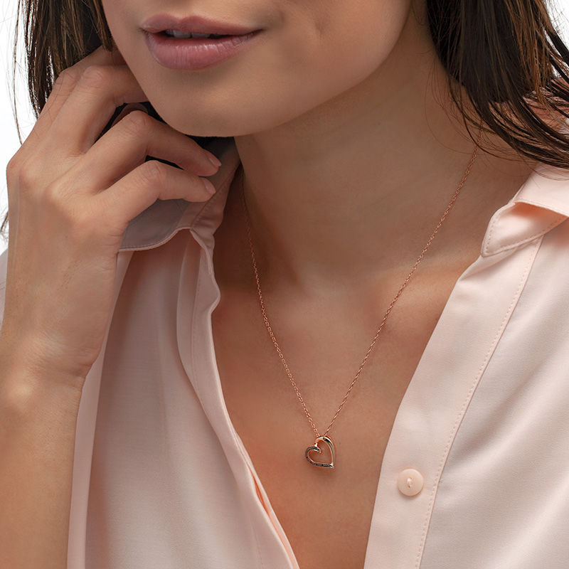 Black Diamond Accent Tilted Loop Heart Outline Pendant in 10K Rose Gold|Peoples Jewellers