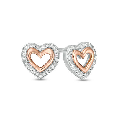 0.04 CT. T.W. Diamond Double Heart Outline Stud Earrings in Sterling Silver and 10K Rose Gold